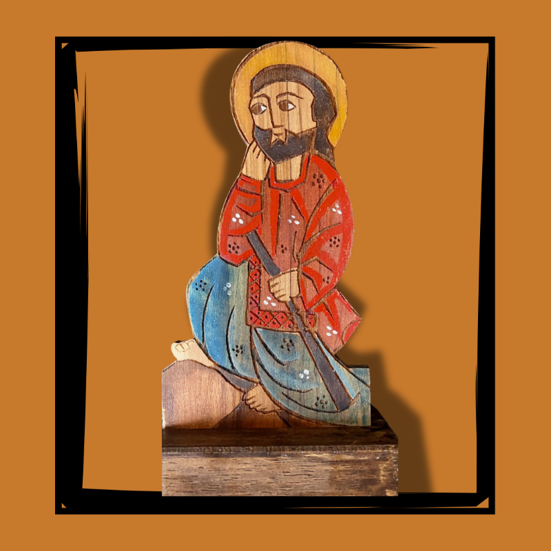 Statua San Giuseppe per presepe in legno d'olivo dipinto a mano, altezza 16 cm