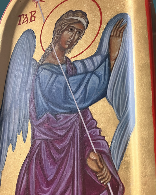 Dettaglio icona Arcangelo Gabriele messaggero divino arte sacra bizantina artigianale