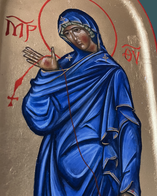 Dettaglio icona Vergine Maria Annunciazione arte sacra bizantina artigianale