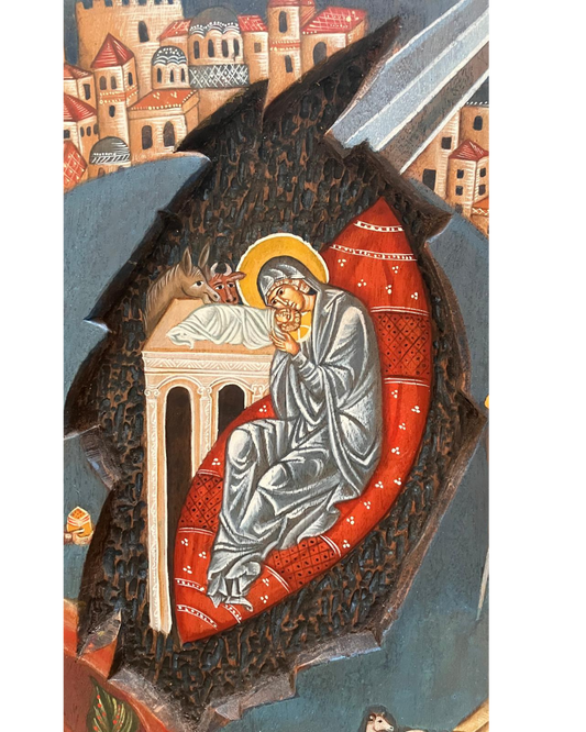 Icona bizantina dipinta a mano su legno raffigurante scena sacra con dettagli artigianali e dorature tradizionali