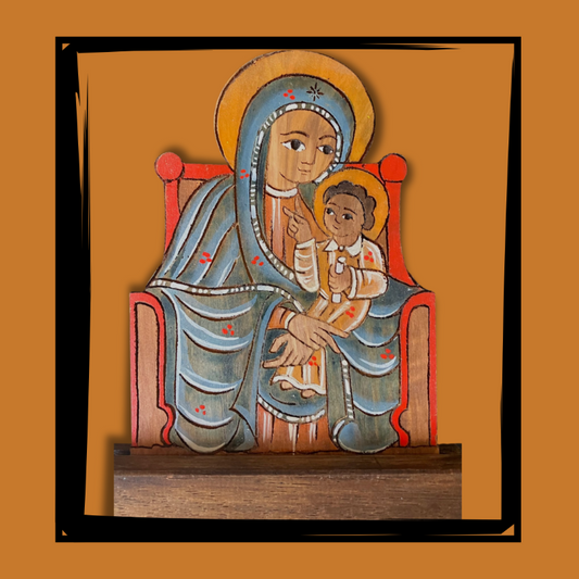 Madonna con Bambino Gesù in legno d'olivo dipinto a mano