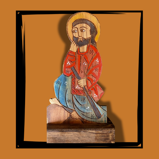 Statua San Giuseppe per presepe in legno d'olivo dipinto a mano, altezza 16 cm
