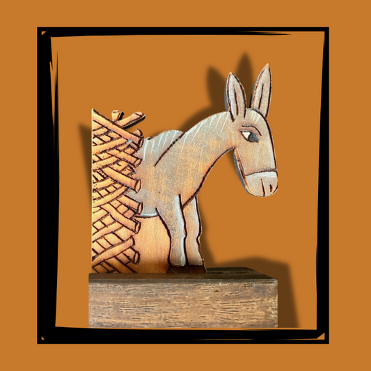 Asino del presepe scolpito in legno d'olivo dipinto a mano, altezza 10 cm