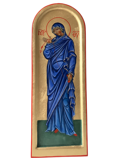 Icona bizantina Vergine Maria dell'Annunciazione dipinta a mano su fondo dorato.